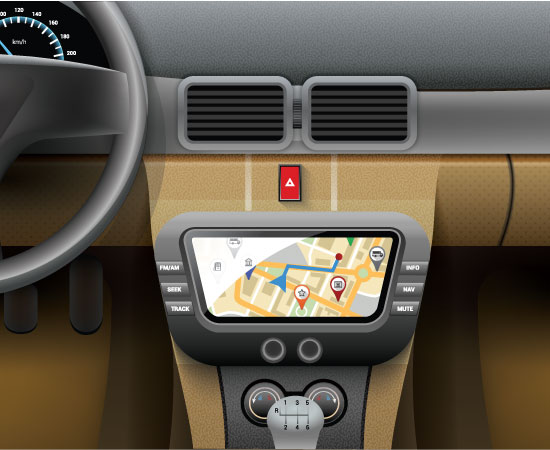 Car dashboard with an in-dash navigation screen showing the latest street map